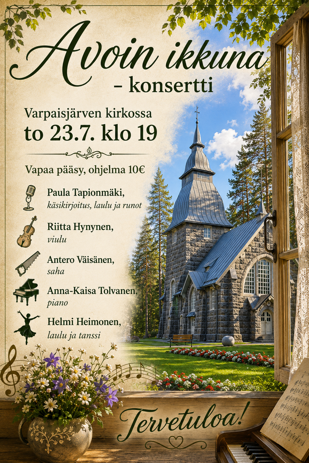 Avoin ikkuna -konsertti Varpaisjärven kirkossa to 23.7. klo 19.