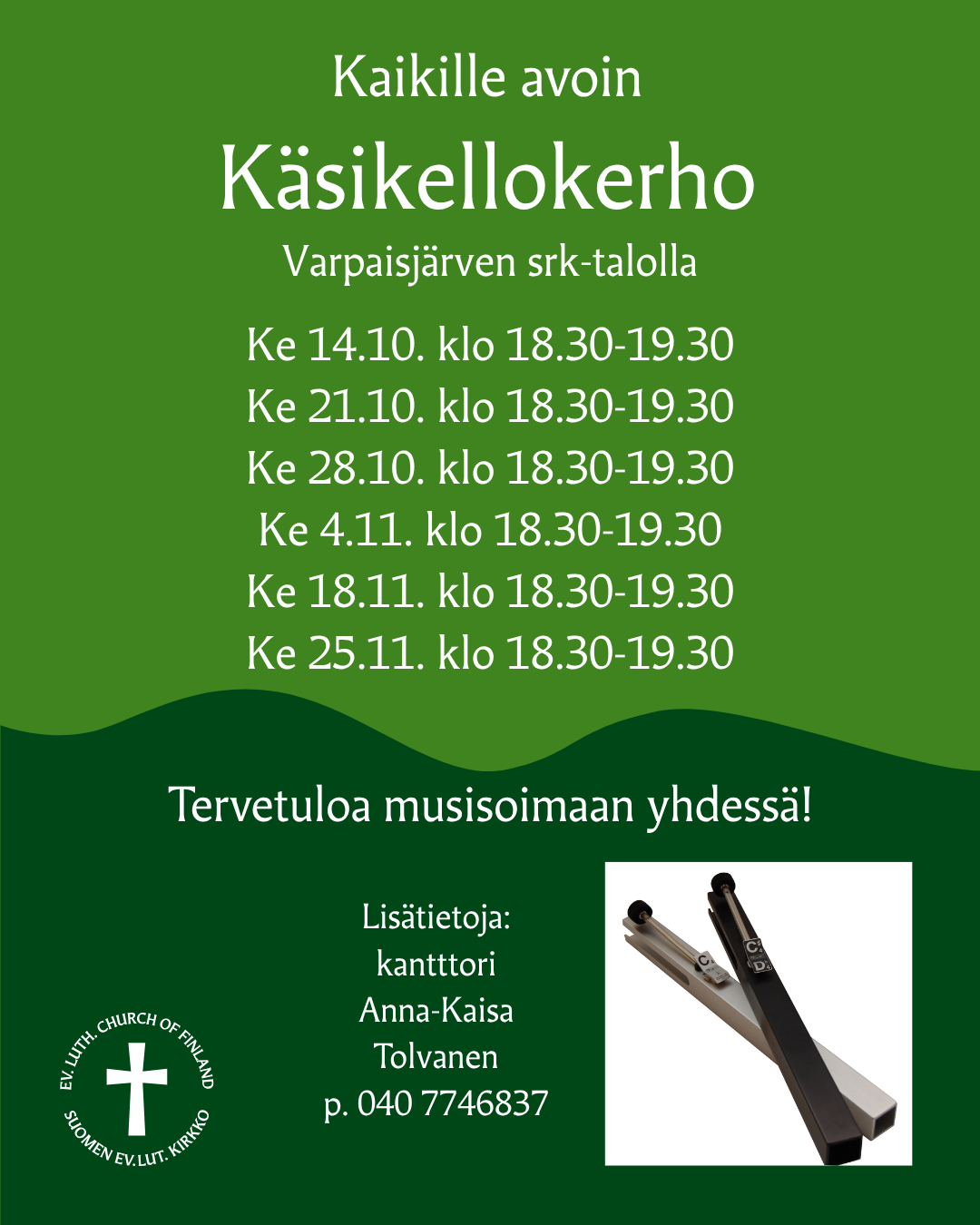 Kaikille avoin käsikellokerho kokoontuu 14.10. alkaen Varpaisjärven srk-talolla klo 18.30-19.30. Tervetuloa musisoimaan yhdessä!