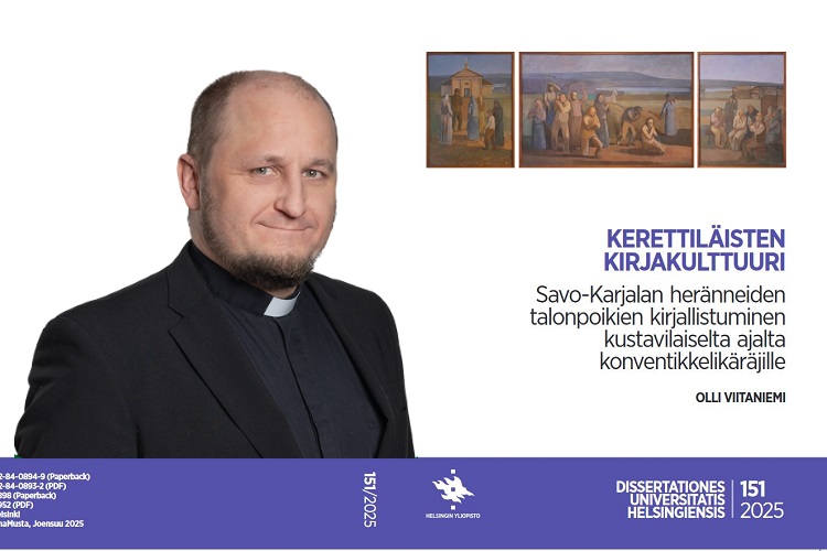 Kirkkoherra Olli Viitaniemen väitöstilaisuus Olli Viitaniemi papin asussa, taustalla väitöskirjan kannet.