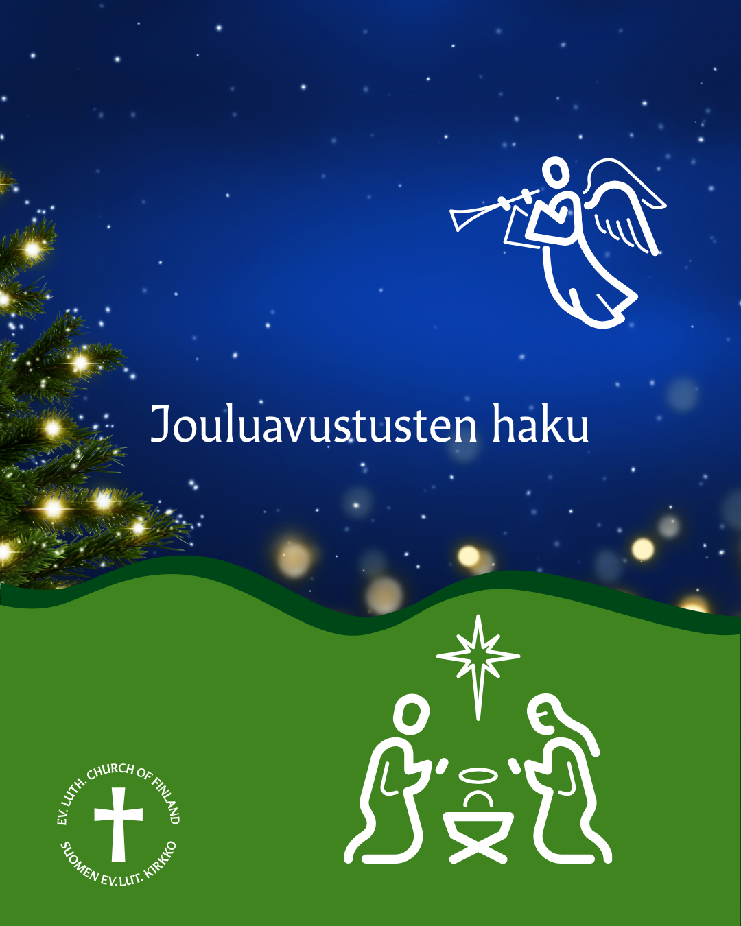 Sininen tähtitaivas ja enkeli pasuunan kanssa, alareunassa seimiasetelma.