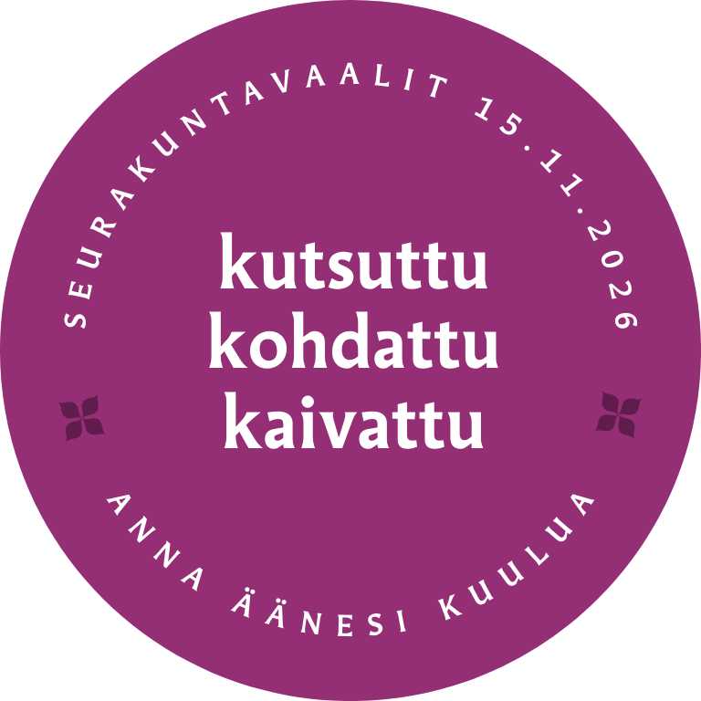 Ympyrässä teksti: kutsuttu, kohdattu, kaivattu. Seurakuntavaalit 15.11.2026.