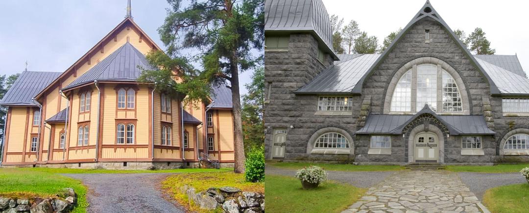 Kaksi kirkkorakennusta samassa kuvassa vierekkäin.