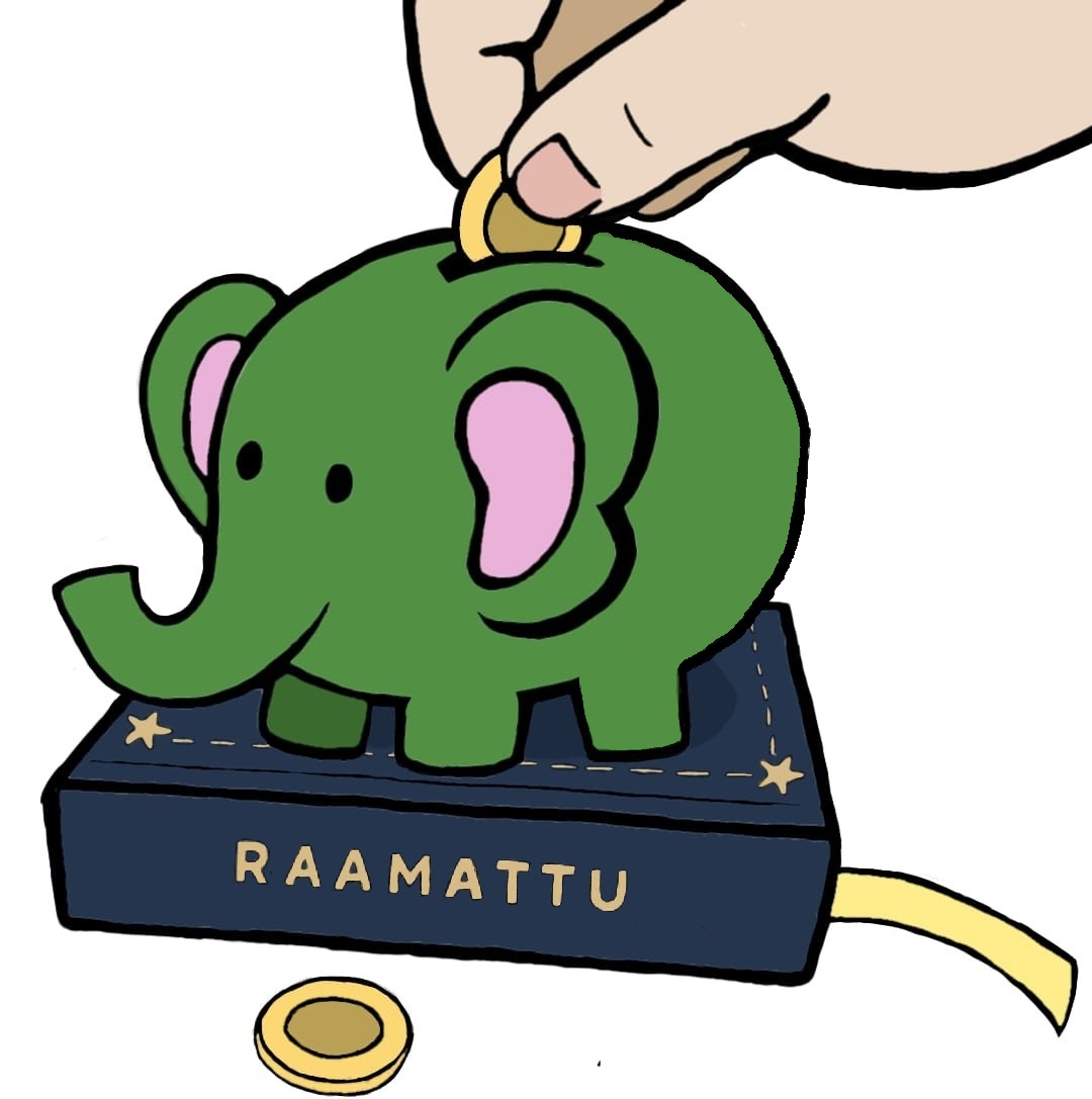 Kuvassa on piirretty norsu Raamatun päällä